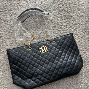Black Quilted Tote Bag with Gold Chain by